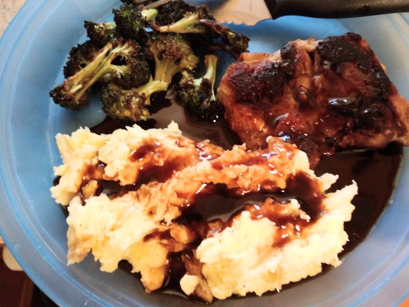 Balsamic Glazed Chicken Thighs with Mashed Garlic Potatoes and Broccoli