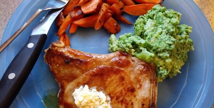 Maple Butter Pork Chops With Broccoli Mash and Carrots