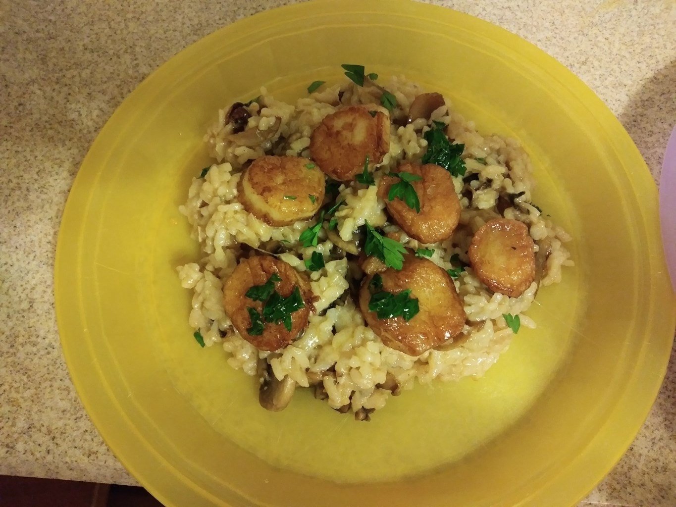 Fresh Scallops Over Truffled Mushroom Risotto with a Brown Butter Herb Sauce