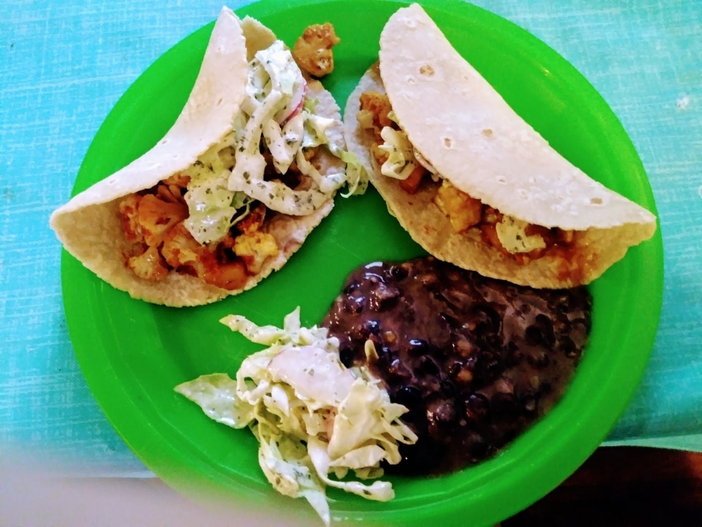 Cauliflower Tacos Al Pastor with Cilantro Aioli Slaw and Black Beans
