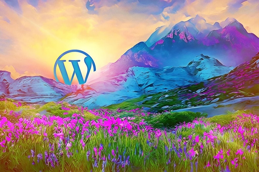 An AI-generated fantasy landscape in hues of blues and pinks with mountains and wildflowers, and a sun is beginning to rise behind the mountain. The sun is also a WordPress logo.